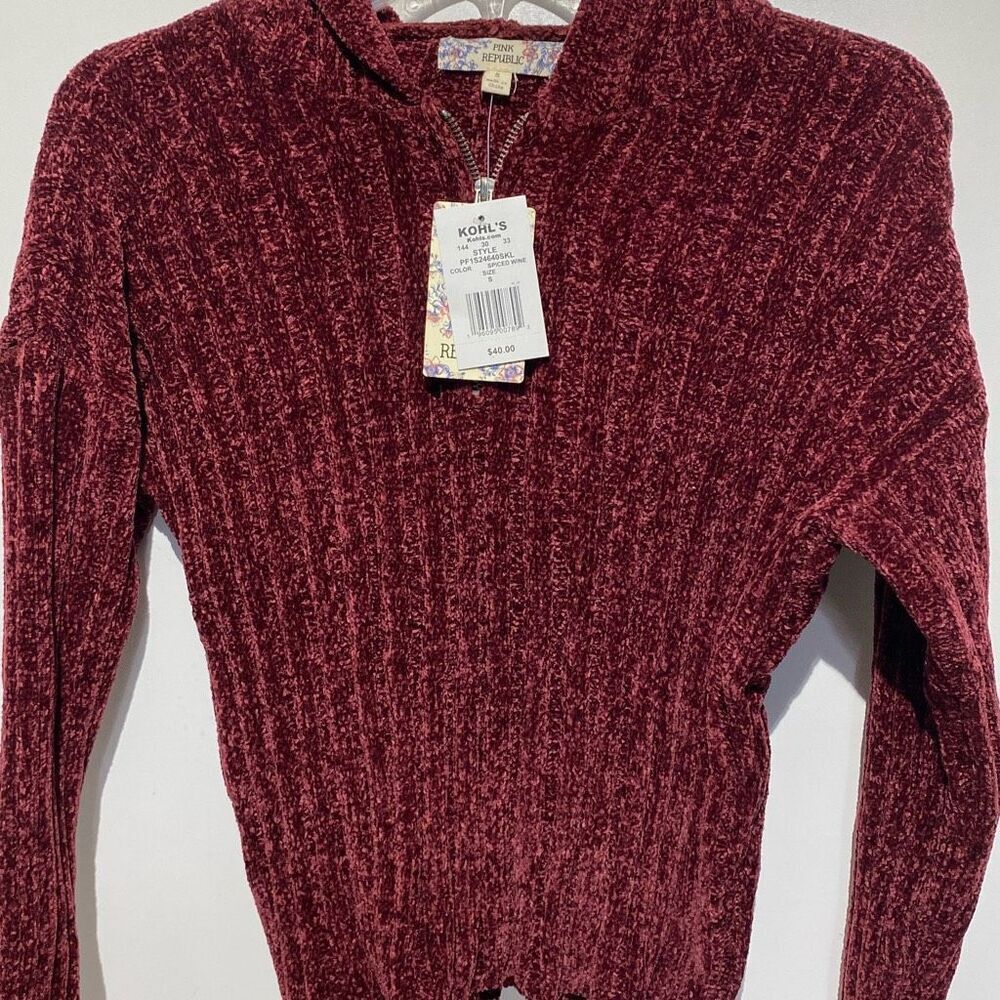 Pink Republic Spiced Wine Chenille Quarter Zip Hooded Sweater PF1S24640SKL S